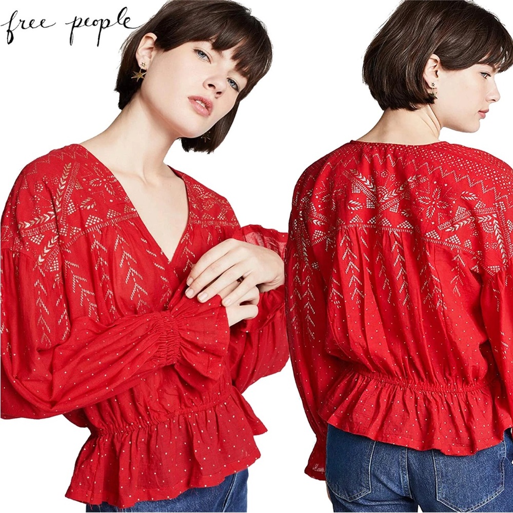 Free People Red Embroidered Cotton Gauze Boho Peplum Blouse Oversized Small NEW